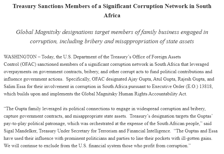 The US has sanctioned South Africa's Gupta family
