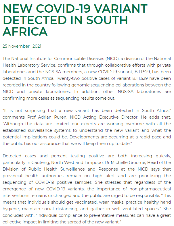 South Africa has confirmed 100 cases of B.1.1.529, the new coronavirus variant. Botswana has 3 cases and Hong Kong has 1, in a traveler from South Africa