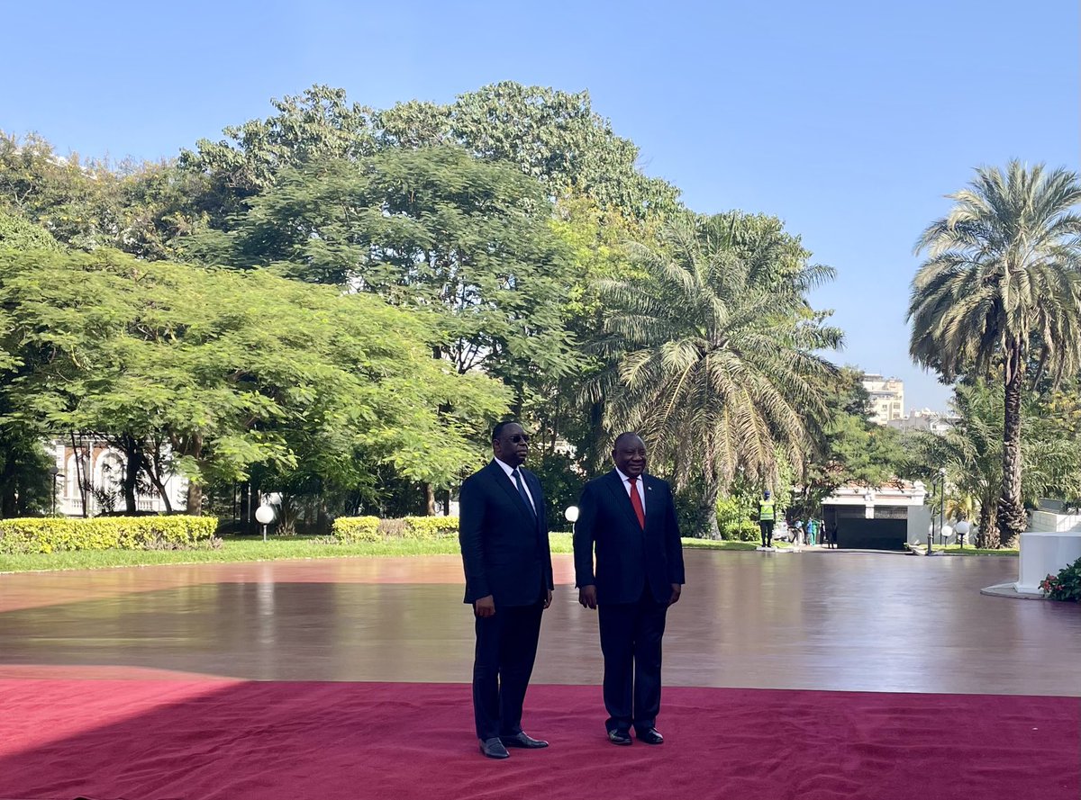 President Cyril Ramaphosa with Senegal's Macky Sall ahead of official talks between the two countries. Yesterday the leaders took part in the Senegal Peace and Security Conference where they raised concerns about the threats posed by the Covid19 pandemic.