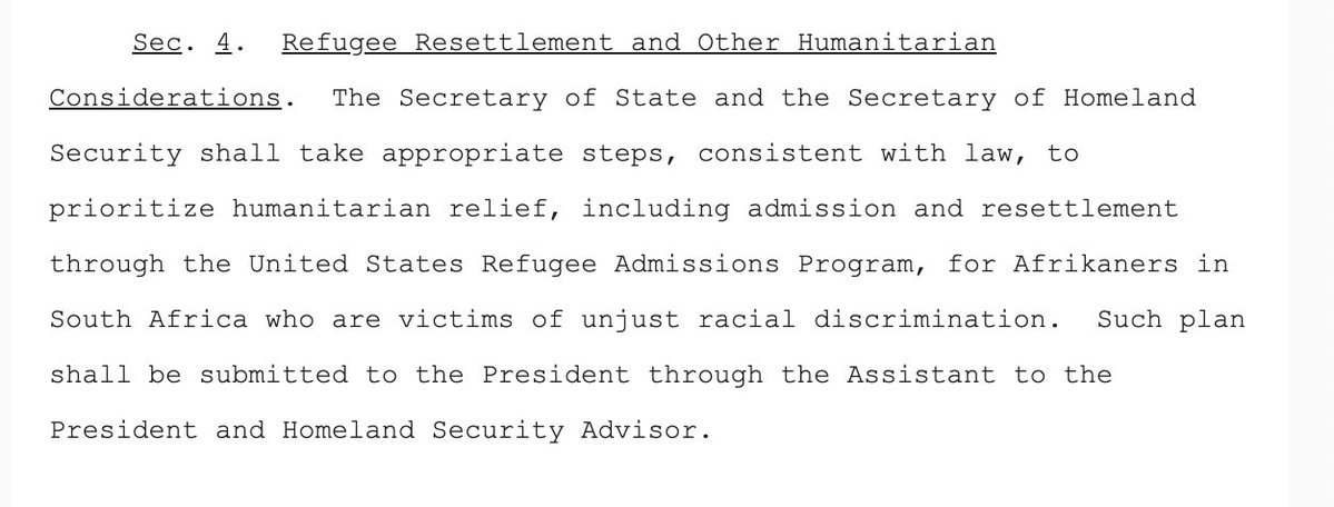 The White House just issued an executive order on South Africa that includes admitting Afrikaner South Africans as refugees to the United States